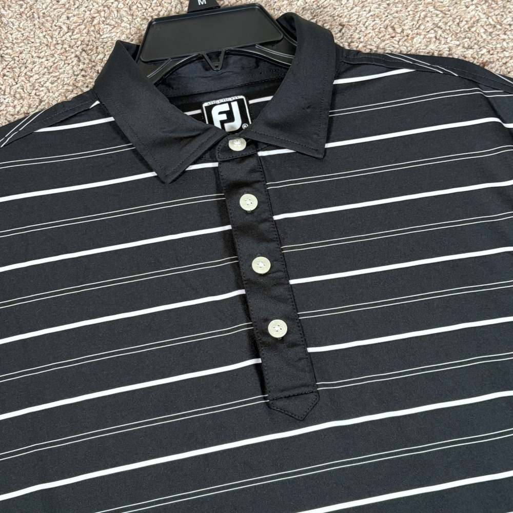 FootJoy Mens Athletic Fit Striped Golf Polo Shirt Black White XL Short Sleeve